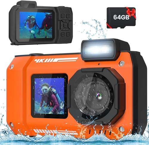 MOREXIMI 33FT Unterwasserkamera 4K wasserdichte Kamera, 65MP Autofokus Selfie Dual-Screen Unterwasserkamera zum Schnorcheln wasserdichte kompakte schwimmfähige Digitalkamera mit 64GB Karte (Orange)