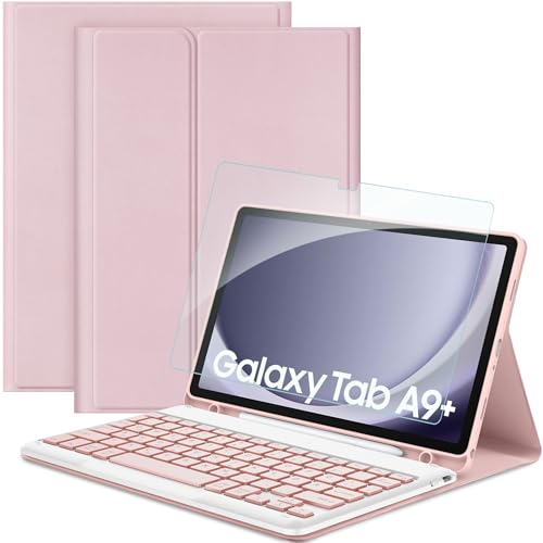 EasyAcc Tastatur Hülle Kompatibel mit Samsung Galaxy Tab А9+ 2023 11 Zoll mit Schutzfolie, [QWERTZ Deutsches], Abnehmbar Tastatur Schutzhülle mit Pencil Halter (Rosa)