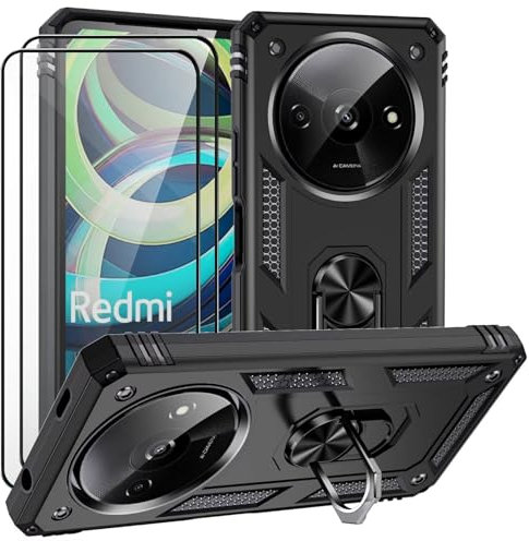 CLYDITE Coque pour Xiaomi Redmi A3 4G Noir étui Protection avec 2 Verre Trempé Support Armure Robuste Antichoc Silicone TPU 360 degré Cas de téléphone de Voiture Bumper