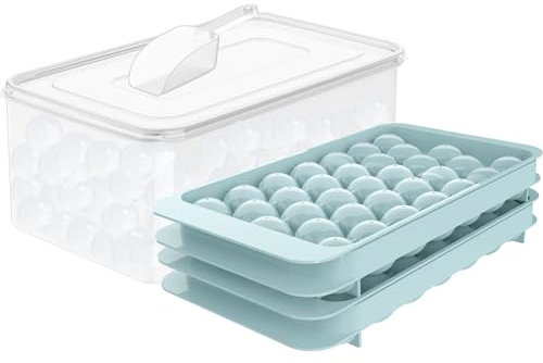 WIBIMEN Runde Eiswürfelform, 2,5 cm x 66 Stück Eiswürfelform für Gefrierschrank mit Behälter, Mini-Kreis-Eiswürfelform, Kugelform, Eiskühlung, Tee und Kaffee (Blau)
