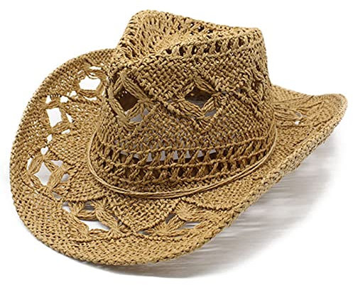 Crochet Cowboy Hats for Women Outdoor Sun Hats Fashionable Boho Hats Traveling Vocation Outdoor Holiday Hat (Z0a2-Khaki, One Size)