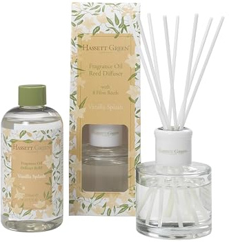 Hassett Green London - Vanilla Splash Reed Diffuser & Refill Set - 100ml Glass Diffuser with 8 Fibre Reed Sticks + 250ml Fragrance Oil Refill