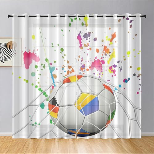 Surwin Gardinen mit Ösen, Fußball Drucken Vorhänge Transparent Vorhang 2er Set, Kinder Fenstergardinen Voile Gardinen für Wohnzimmer, Schlafzimmer (132x244cm,Fußball Schuss)
