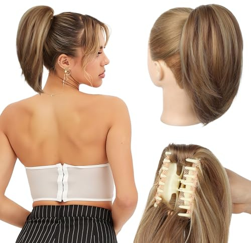 REECHO Ponytail Extension, kurzer glatter Ponytail Extension, Haarkrallen Dutt Haarteil unordentlicher Dutt natürliches Kunsthaar falscher Pferdeschwanz Haarverlängerung für Damen