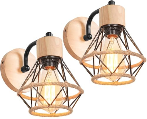 Lampada da Parete Interna Industriale Applique da parete Gabbia Interno E27 Metallo Lampadari e Plafoniere Cucina regolabile 180° Per Cucina Camera da letto (Nero-A-Legno+Corda di canapa, 2 pezzi)