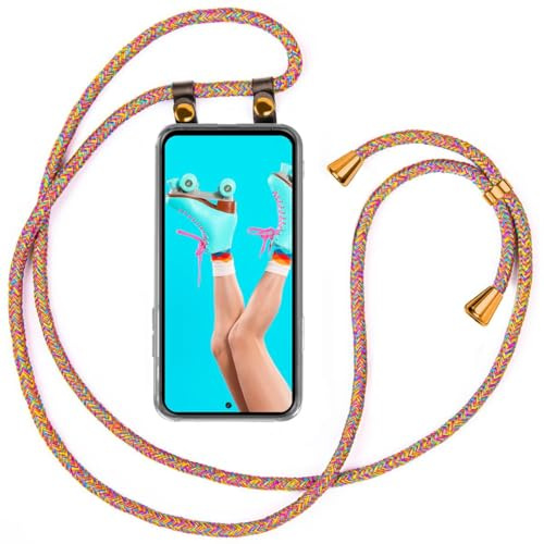 moex Handykette für Samsung Galaxy S24 FE Hülle mit Band abnehmbar, Handyhülle mit Kette zum Umhängen, Handyband 155 cm lang Stoff Kordel Umhängehülle, Handy Umhängeband, Rainbow