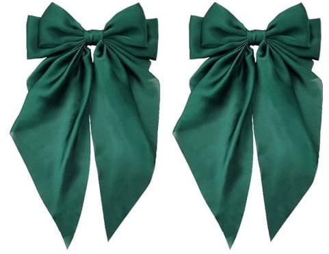ZOONAI 2Pcs Big Satin Layered Hair Clip for Women Girls, Large Long Bow Hair Clip Bowknot Hairpin Hair Accessories (Green)