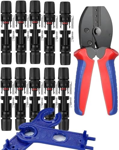 Set di Pinze a Crimpatura Solare per Pannelli Solare da 2,5/4/6 mm² - 1 Pinza Crimpatrice - 10 Paia di Connettori Maschio/Femmina - 2 Chiavi Inglesi per Connettori Solari