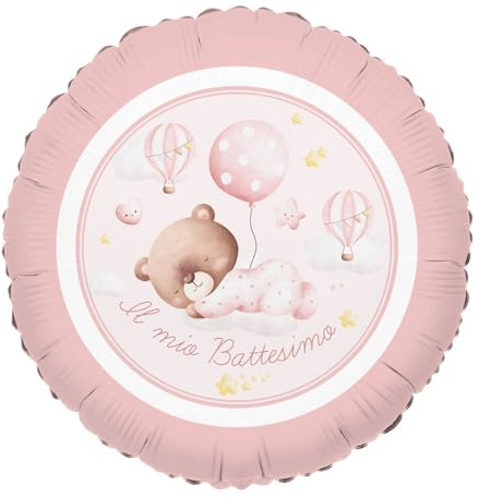 Pallone IL MIO BATTESIMO orsetto ROSA bimba - palloncino in foil Mylar gonfiabile ad aria o elio Ø45cm- fornito sgonfio