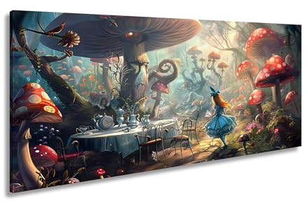 Leinwandbild Alice wandert durch ein Märchen voller Pilze und Magie. Panorama-Format 100x50cm XXL Kunstdruck Bild auf Keilrahmen/Wandbild/Wohnzimmer Dekoration