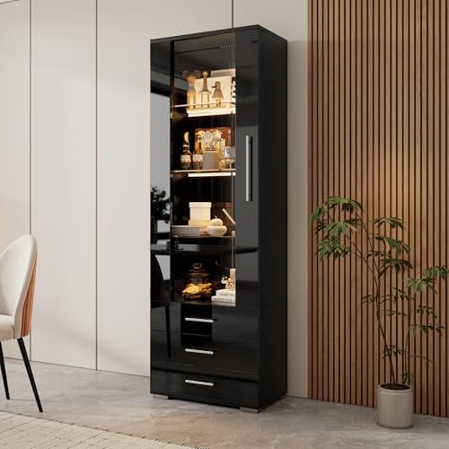 Kebnor Hochglanzvitrine, Vitrine Glasvitrine, Standvitrine, Vertikale Vitrine mit 3 Schubladen, 60 * 35 * 180cm (Schwarz)