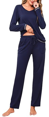 Litherday Pigiama Donna Invernale Cotone Manica Lunga Scollo V | Cotone elasticizzato, scollo V, manica lunga, pantaloni con coulisse, tessuto morbido, lavaggio facile, casa notte e relax