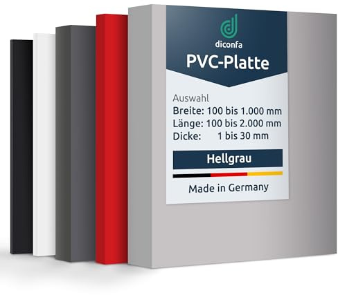 diconfa PVC Kunststoffplatte hellgrau NACH MAß - 2 bis 30mm stark - Auswahl: 800 x 300mm (80 x 30cm), 6mm dick - hart seidenmatt - porenlos glatte Oberfläche - Platte maschinell gefertig