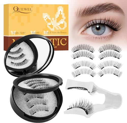 Pestañas magnéticas QUEWEL, 2 par de pestañas postizas magnéticas con aplicador, sin pegamento, fáciles de poner y quitar, reutilizables para un look natural, instrucciones incluidas (DH02+04)