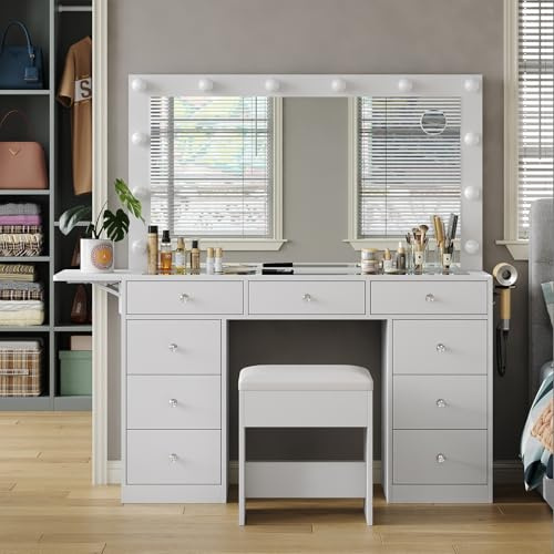 Yanosaku Schminktisch mit Spiegel, 12 LED-Lichtern & Steckdose, Kosmetiktisch mit 9 Schubladen und klappbarer Ablage, 3 dimmbare Beleuchtungsmodi (Warmweiß/Kaltweiß/Tageslicht), Vanity-Set in Weiß