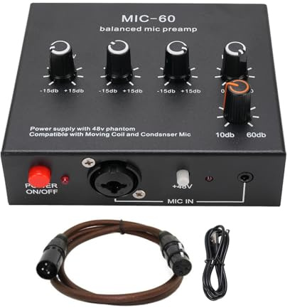Aoaoy Mikrofon-Vorverstärker, Mikrofon-Vorverstärker, Mikrofon-Verstärkung mit 48 V Leistung, 3-K-Eingang + 60 dB Verstärkung für dynamischen Kondensator, XLR 3,5 mm, 6,35 mm Eingänge, Ausgänge