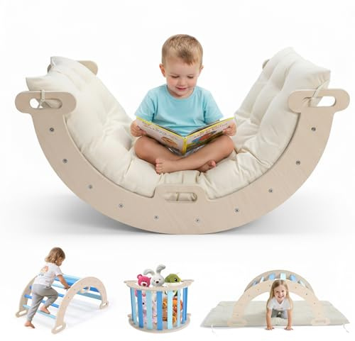 STYPLZ Arco da arrampicata con morbido cuscino, triangolo di arrampicata per dondolare, arrampicata e gattonare, struttura in legno, per bambini a partire dai 3 anni (piccolo, blu, cilindrico