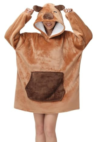 chuangminghangqi Unisex Kuscheldecke zum Anziehen mit Ärmeln und Kapuze Winter Comfy und Warm Tvdecke Übergroßes Capybara Decken Pulli Damen Lustige Riesen Hoodie Decke
