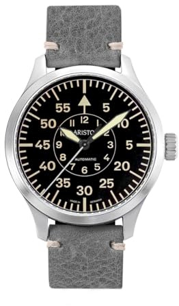 Aristo Schwarze Pilot Aristomatic Plus Ref. 7H98175-BS3 - Große 47-mm Fliegeruhr mit Saphirglas - XL-Mineralglasboden - Schweizer SW200-1 Automatikwerk - Made in Germany