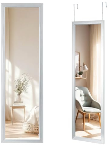 GREENSAPPIRE Ganzkörperspiegel 110x33cm, Wand- & Türspiegel mit 2 Haken, Höhenverstellbar, Bruchsicheres Glas, MDF-Rahmen, Großspiegel für Schlafzimmer & Flur (Silber)