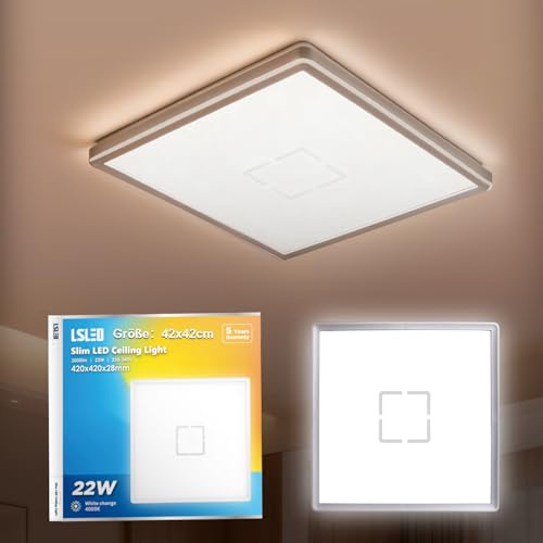 L5L3D LED Deckenleuchte 42x42cm Quadratisch 22W 3000lm 4000K Neutralweiß IP44 Wasserfest Deckenlampe Küchelampe Ultradünn für Wohnzimmer Schlafzimmer Bad Büro Keller Balkon