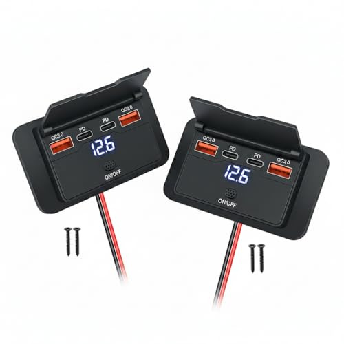 Novpow 2 Pack 4 Port USB Car Charger Socket 12V/24V, 96W Fast Charge Dual USB-C PD 36W & QC3.0, Waterproof USB Outlet with Switch & Voltmeter for Car RV Campervan Boat Truck