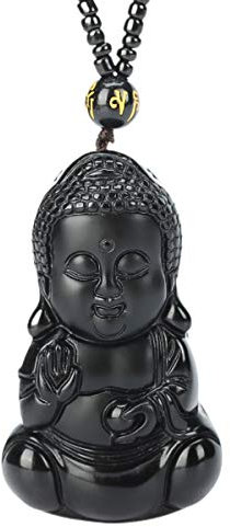 Baby-Buddha-Anhänger, Halskette aus natur-schwarzem Obsidian, Avalokiteshvara