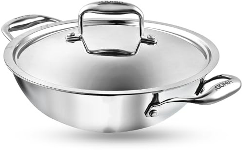 Vinod Platinum Triply Stainless Steel Kadai with Lid – 3.7L, 28 cm | 3 Layer SS Cookware Wok | Deep Cooking Pot for Sauteing & Curries | Gas & Induction Friendly | Heavy Bottom | Sturdy Handles