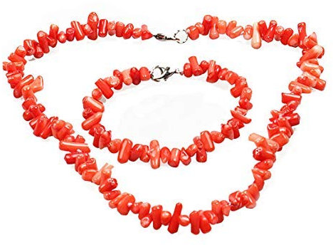 Treasure Bay Parure de bijoux pour femme avec collier, bracelet et boucles d'oreilles en corail rouge naturel, Corail