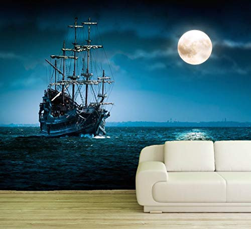 Vlies Tapete Poster Fototapete Fantasy Piraten Schiff Nacht Vollmond Farbe color, Größe 200 x 150 cm