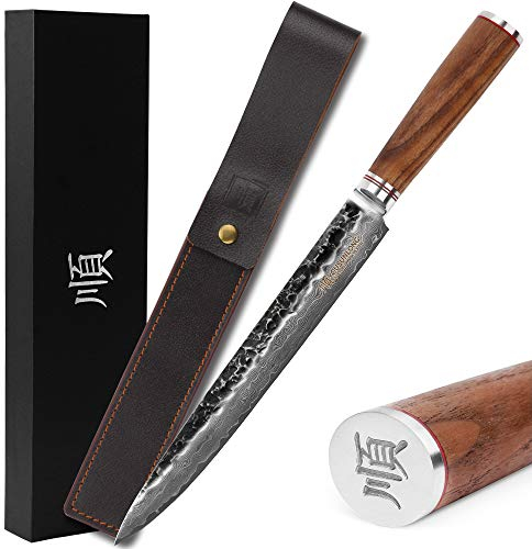 YOUSUNLO9NG Cuchillo de tallar y cortar de Damasco Sashimi Cuchillo de 10 pulgadas - Súper acero japonés VG10 - Mango de madera de nogal ergonómico respetuoso con el medio ambiente