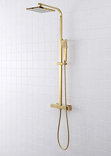Schwänlein Sistema de ducha antical con termostato, alcachofa de ducha, columna de ducha (latón dorado)