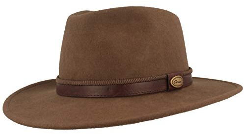 Breiter Sombrero Fedora Enrollable Trekking 100% Lana de Fieltro, Impermeable y Flexible, Ribete de Piel Cuero, Unisex, Beige, 59
