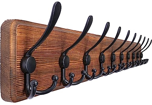 SKOLOO Garderobenleiste Holz, Vintage, Stabile Kleiderhaken Wand mit 10 Dreifachhaken, zum Aufhängen von Kleidung, Mantel, Hüten, Jacken, Rucksack, Hakenleiste Holz Vintagebraun