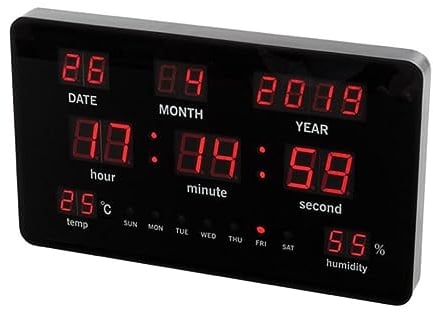 Perel Digitale Wanduhr schwarz, großes LED-Display 37.5x25.5cm, rote LEDs, Digitale Uhr mit Kalender, Zeit, Datum, Temperatur und Feuchtigkeit, Thermometer und Hygrometer, für Büro, Werkstatt und