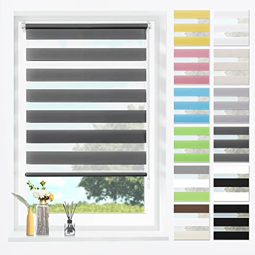 SBARTAR Doppelrollo Klemmfix Duo Rollos für Fenster ohne Bohren & zum Bohren, Anthrazit B65 x H120 cm (Stoffbreite 61 cm), Lichtdurchlässig, Klemmrollo, Fensterrollo, Zebrarollo