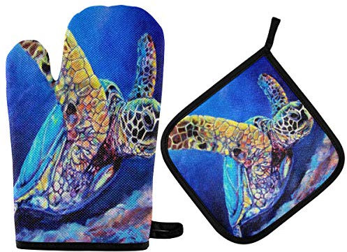 TropicalLife Hajie Topfhandschuh-Set für Tiefsee-Schildkröte, Ozean-Tiere, hitzebeständige Topfhandschuhe mit Schlaufe zum Aufhängen für Männer und Frauen, zum Backen, Kochen, Grillen