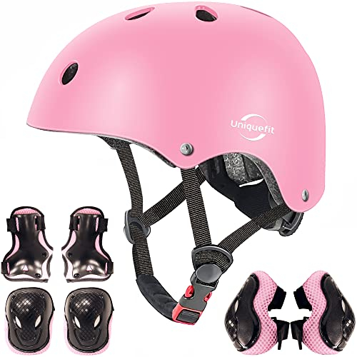 Casque réglable pour Enfants et équipement de Protection Ensemble genouillères coudières protège-Poignets (Pink, M(8-13 Years Old))