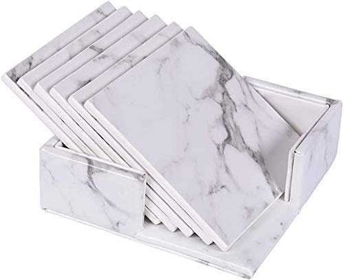 Premium Leder Glasuntersetzer, Bprtcra 6 Stück Marmor Design Untersetzer PU-Leder hitzebeständig Coaster Cup Mat für Getränke Tee Kaffee Tasse Glas, Marmor Untersetzer (White02)