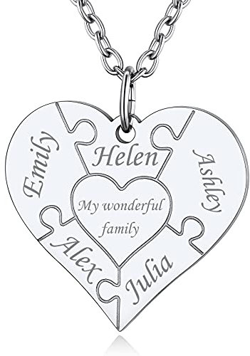 Custom4U Familie Anhänger Puzzle mit 5 Wunschnamen Personalisierte Edelstahl Halskette Silberfarbe Partner Halsketten BFF Anhänger mit 51cm + 5cm Verlängerkette