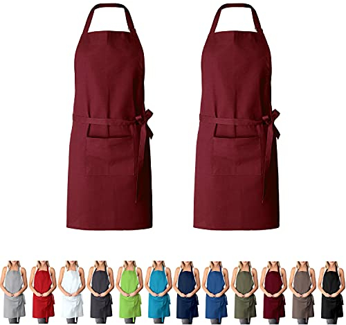 EllaTex DOPPELPACK Damen/Herren/Unisex Schürze Kochschürze Kellnerschürze Bistroschürze Küchenschürze Grillschürze Latzschürze 100% Baumwolle, Farbe: 2er PACK Weinrot