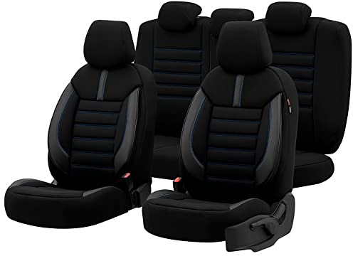 otoM Stoff/Leder Sitzbezüge 'Limited' Schwarz + Blaue Nähten- 11-Teilig | universel - kompatibel mit Side-Airbags