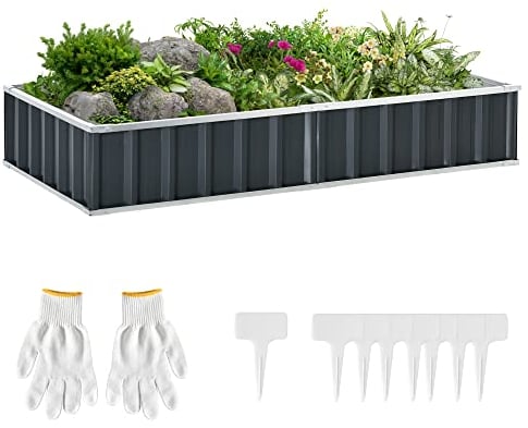Outsunny Huerto Urbano 174x90x30 cm Arriate de Jardín de Acero Incluye Guantes Jardinera Macetero Rectangular para Cultivos Plantas Flores para Terraza Balcón Exterior Gris