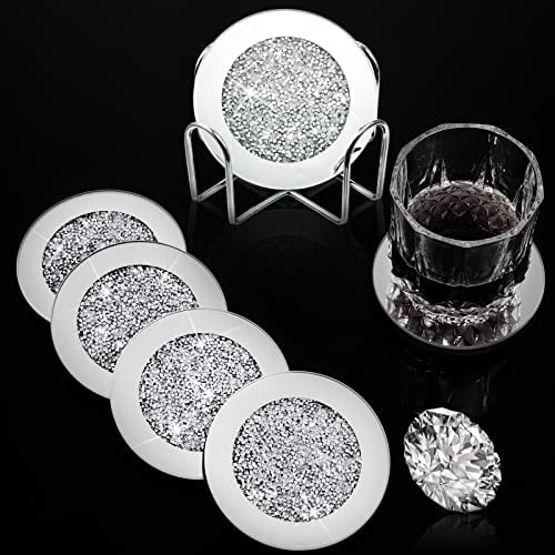 7-teiliges Glas-Untersetzer-Set, 6 Stück silberne zerkleinerte Kristall-Untersetzer mit Halter für Getränke, Glitzer, zerkleinerte Diamant-Dekoration auf Tischplatte für Zuhause, Tisch, Bar-Zubehör