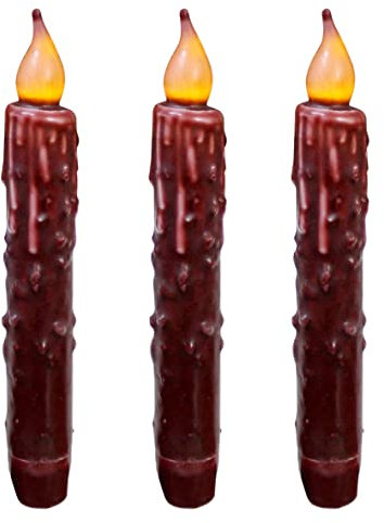 CVHOMEDECO. Real Wax Hand Dipped Battery Operated LED Timer Taper Candles Country Primitive Flameless Lights Décor, 6.75 Inch, Burgundy, 3 PCS in a Package