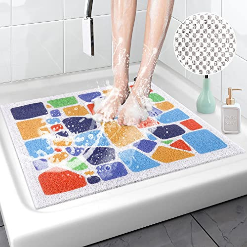 MORROWCAMP Tapis de Douche Antidérapant, 60 x 60 cm Tapis de Bain Carré en Luffa avec Drain, Tapis de Salle de Bain à Sol Mouillé, Tapis de Douche en PVC, Séchage Rapide