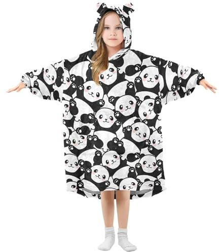 Übergroße Decke Hoodie für Kinder Erwachsene Mädchen Jungen, Fleece Hoodie Decke Llama mit Kaktus Super Warm Plüsch Tragbare Decke Hoodie Sweatshirt mit geräumiger Tasche, Klein, Panda 032, S