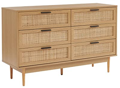 BAÏTA Commode Amana Effet chêne et cannage en rotin 6 tiroirs