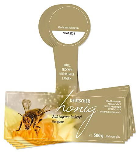 Apoidea – Honig Etiketten 500g mit Gewährverschluss selbstklebend & personalisierbar - 25 Stück/Etiketten Honiggläser/Honig Aufkleber für selbstgemachten Honig/Honigetiketten für Honiggläser