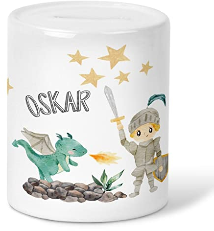 MIKALINO Kinder Spardose Kleiner Ritter & Drachen mit Wunschname Geschenke Geschenkideen Sparschwein - handbedruckt in Deutschland, Farbe:Weiss, Grösse:OneSize